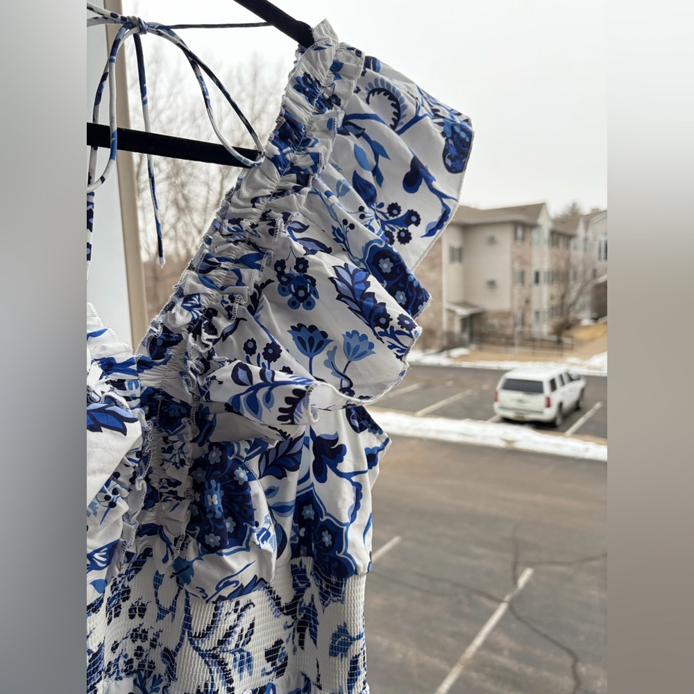 🆕🫐Adrianna Papell Blue White Floral Ruffle Midi Dress Waist Cottagecore 14 NWT - Picture 9 of 17